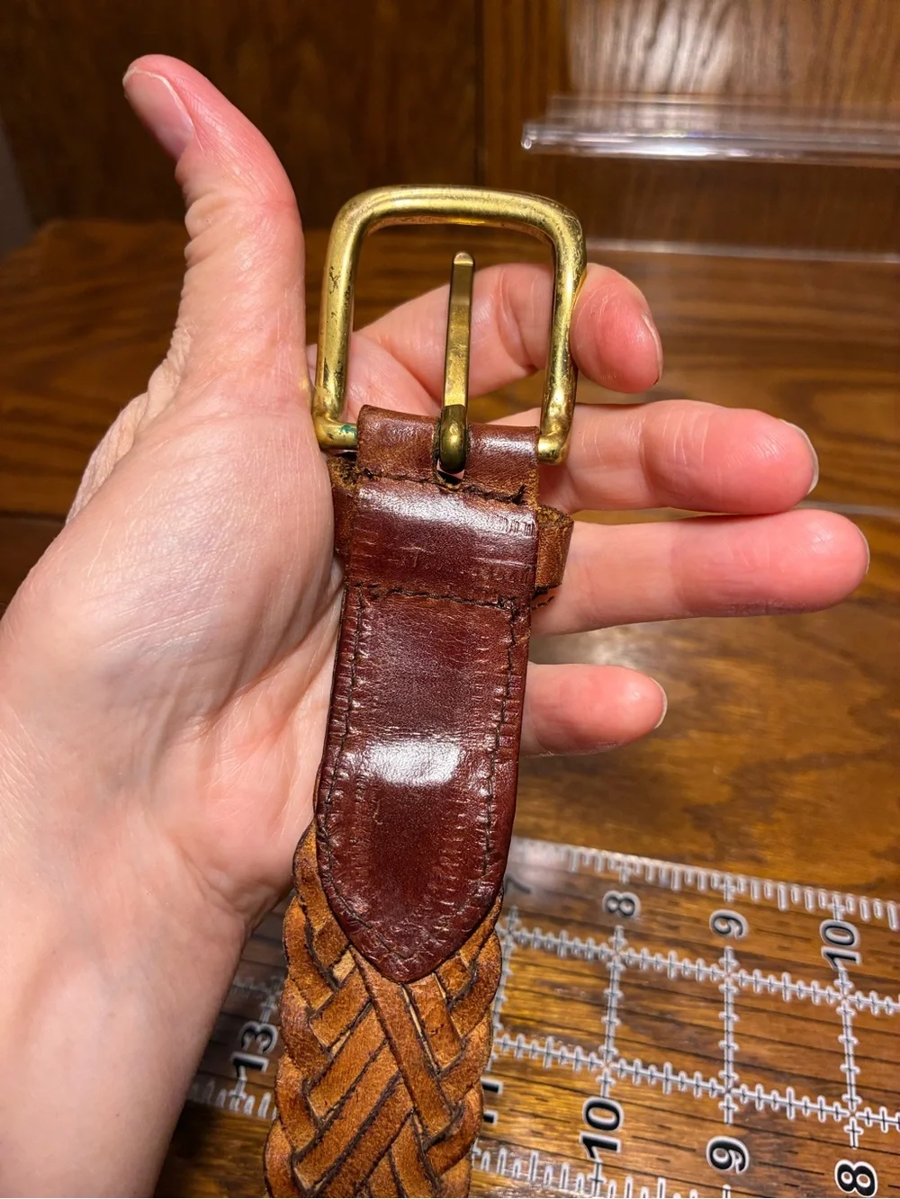 Vintage Men’s Braided Brown Leather Belt Brass Buckle